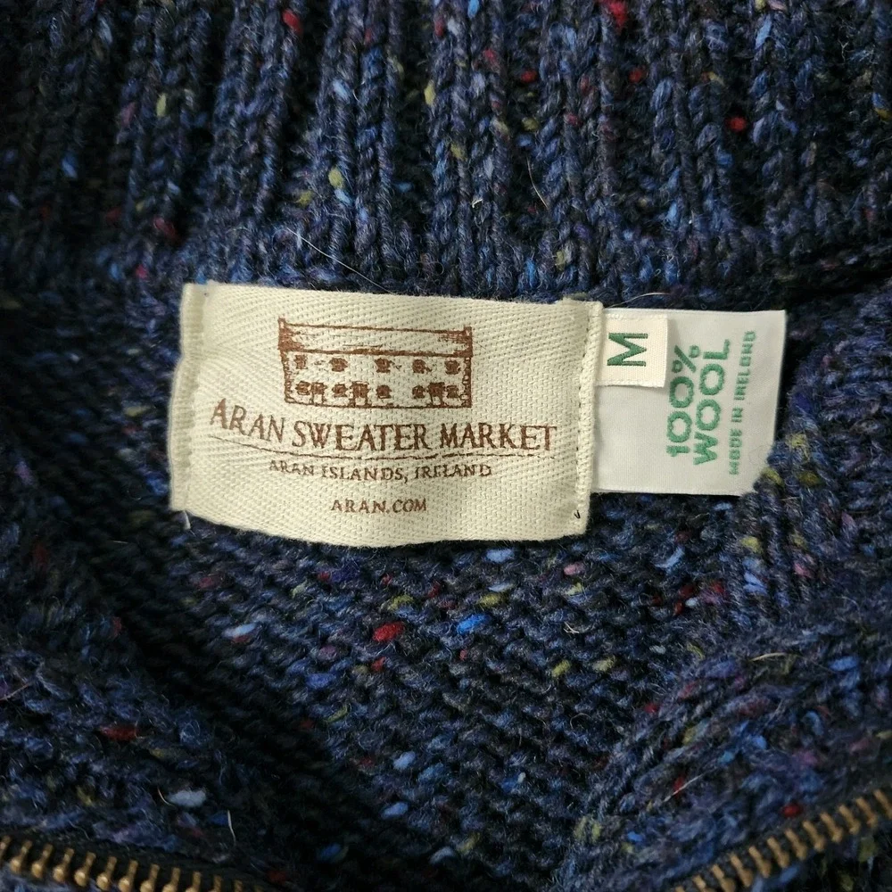 Isles Of Aran Mens Donegal Tweed Half Zip Sweater Fleck Blue 100% Wool Sz Medium